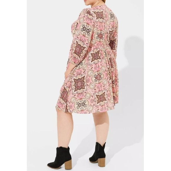 Torrid 00 Pink Paisley Print V Neck Babydoll Dress Plus Size Casual Boho - Picture 3 of 13